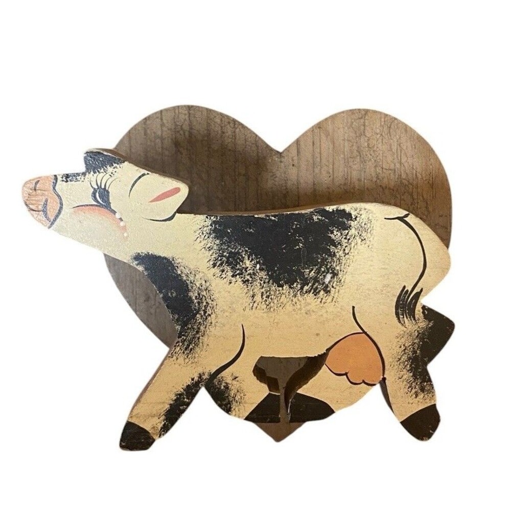 Vtg. Double Heart/Cow Wood Towel Rack Wall Mount Handmade 5.25” Kitchen/Bath